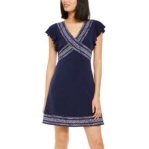 Michael Kors Snakeskin-Trim Mini Dress Women's M Navy Blue White V-neck Stretch